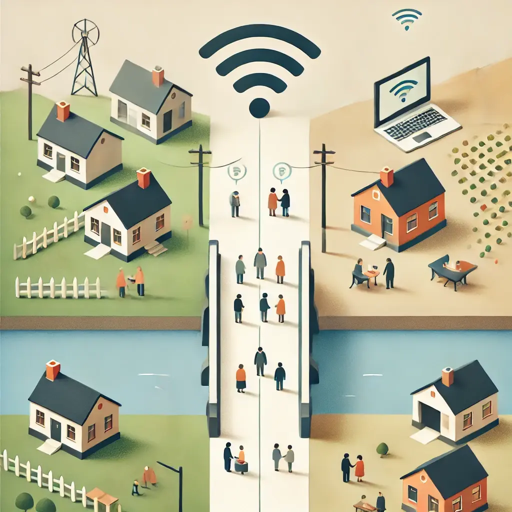 A minimalist illustration showing a simple bridge connecting two communities. On one side, a small rural community with modest homes and a few people,